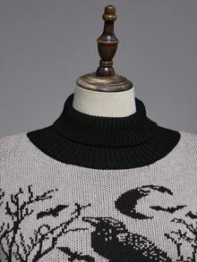 ROMWE Gothic Dark High Neck Warm Crow Grave Moon Bat Branch Jacquard Black Lantern Sleeve Plus Size Pullover Sweater - Black - View 3