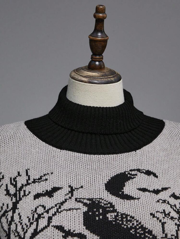 ROMWE Goth Áo len chui đầu cổ cao ấm áp họa tiết quạ mộ mặt trăng dơi cành cây jacquard màu đen tay đèn lồng cỡ lớn - màu đen - Xem 3