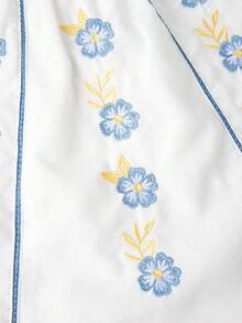 Joliand Joliand 2 pezzi Set di top a maniche corte con fiori ricamati e bordo arricciato e pantaloni a zampa blu a quadri per ragazze pre-adolescenti, adatto per casual, quotidiano, viaggio, riunione, festa, estate - Multicolore - Visualizzare 5