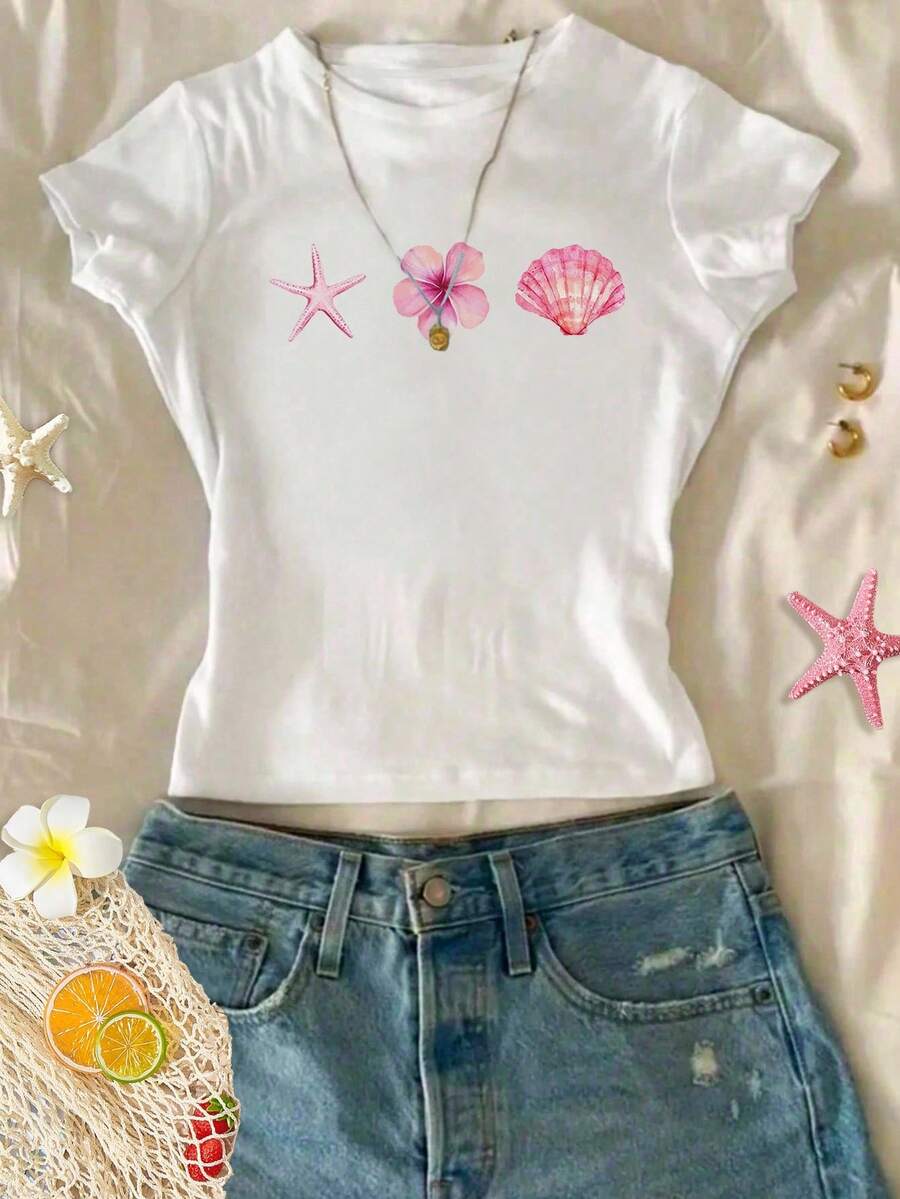 SHEIN Leap Crew 青少年女孩時尚白色夏季休閒海灘度假粉色海星貝殼圖案修身簡約圓領T恤,青少年女孩圖案返校季 - 彩色 - 查看 1