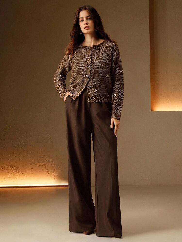 Square Jacquard Beaded Knit Cardigan, Suitable For Fall, Winter, Spring, New Year, Party, Wedding, Elegant, Chic, Stylish, Christmas, Business Casual For Women