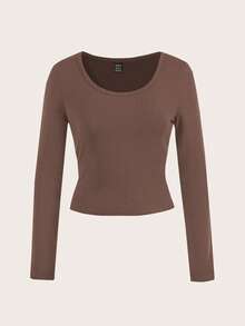 SHEIN EZwear Camiseta de manga larga de base de ajuste ceñido con cuello alto y mangas raglán en color marrón, estilo minimalista casual, adecuada para otoño/invierno - Marrón - Ver 2
