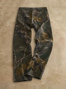 Manfinity NXTstreet 男士休闲树枝印花中腰直筒牛仔裤 男士迷彩裤 迷彩宽松裤 男士节日裤 迷彩工装裤 - 軍綠色 - 查看 2