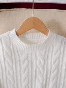 SHEIN كنزة صوفية كاجوال مريحة وجميلة مناسبة للارتداء اليومي للفتيات المراهقات، مصنوعة من الأقمشة المحبوكة بألوان متباينة مع زخرفة فيونكة - أبيض - مشاهدة 7