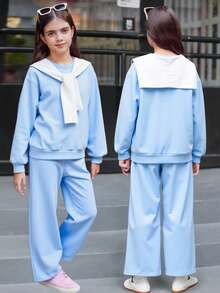 2 件套青少年女孩宽松舒适户外蓝色圆领运动衫和运动裤带斗篷套装，秋冬 - 藍色 - 查看 1