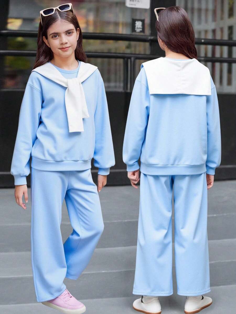 2 件套青少年女孩宽松舒适户外蓝色圆领运动衫和运动裤带斗篷套装,秋冬 - 藍色 - 查看 1