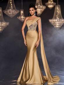 Glamrae Elegante y grácil top tubo asimétrico de punto en color albaricoque brillante con puntadas y lentejuelas, hombro asimétrico, pieza flotante de hombro asimétrico extra larga, hermoso bordado pesado, cintura transparente, parche de espina de pescado, forma de cola de pez. Adecuado para citas, baile, cena, eventos de boda, ceremonia de graduación, vestido de noche elegante - Albaricoque - Ver 5