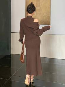 DAZY 女式纯色落肩长袖毛衣和立领无袖针织连衣裙优雅两件套，秋季 - 卡其色 - 查看 5