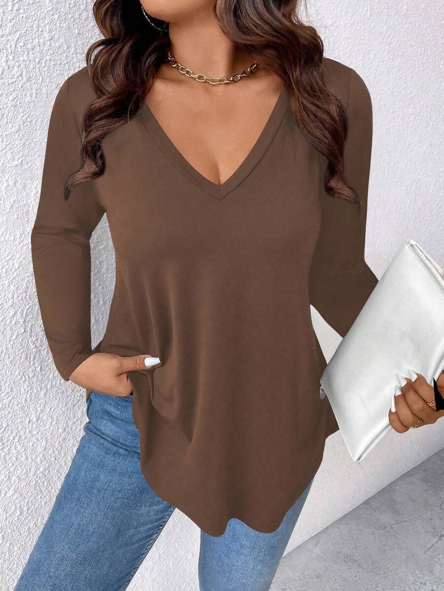 EMERY ROSE Plus Size Solid V-Neck Long Sleeve Casual T-Shirt For Spring - Brown - View 1