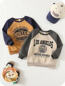 2pcs/Set Toddler Boys/Girls Thickened Contrast Color Block English Graphic Crew Neck Long Sleeve Sweatshirt Set, Comfortable Versatile Casual Daily Sporty Chic Basic Style, Suitable For Indoor, Outdoor, Skiing, Daily Wear, Sports, Play, Party, Photo Shoot, Back To School Season, Autumn/Winter Kids Autumn Clothes Boys Korean Fashion Kids Sweatshirt Boys Sweater Boys Sweatshirt Fall - Multicolor - View 3