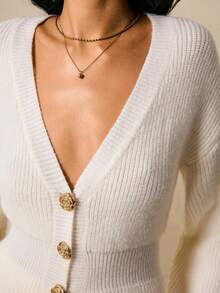 Poéselle 女式纯色 V 领落肩长袖单排扣休闲针织开衫和迷你裙 2 件套 - 白色 - 查看 9