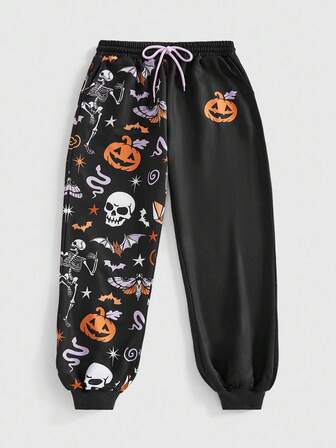 Goth Pantalon de détente ample avec imprimé crâne et citrouille, style gothique, grande taille pour femmes