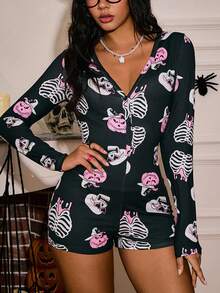 Women's Halloween Pattern Long Sleeve Romper Halloween Pajamas, Fall - Multicolor - View 6