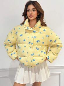 Sweetina 女式超大芥末黄碎花高领休闲宽松长袖棉质夹克，秋冬 - 彩色 - 查看 4