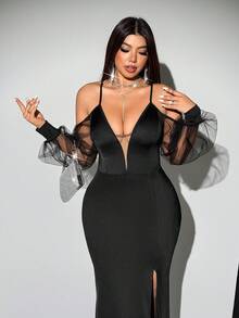 Viva Relle Plus Size Spaghetti Strap Off Shoulder Split Sexy Fashion Versatile Dress - Black - View 2