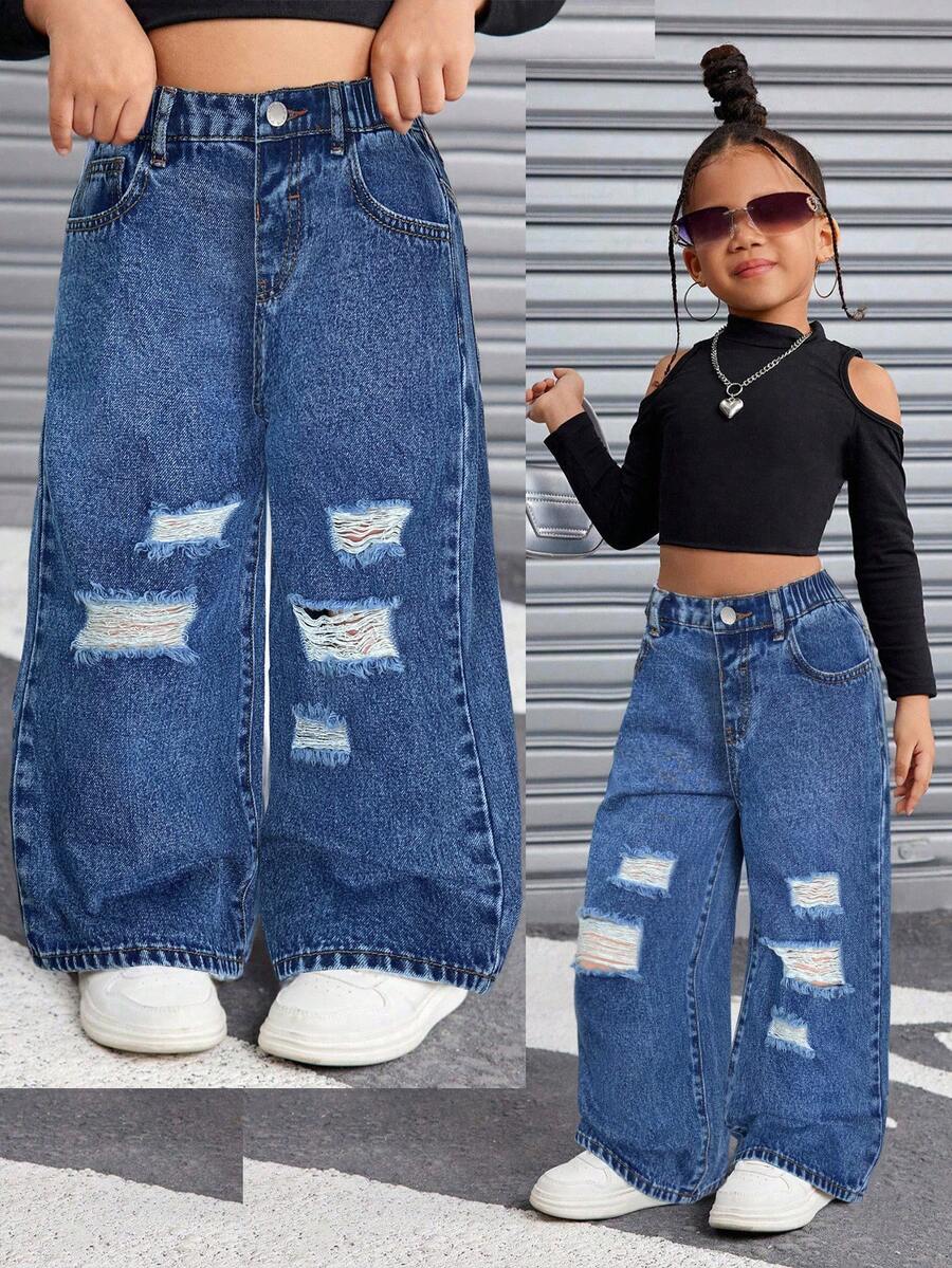 SHEIN 年轻女孩 Y2K 休闲蓝色破洞宽松牛仔裤，女童春夏休闲度假流浪汉牛仔裤