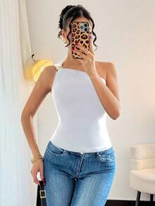 Rafferiza Bộ đồ liền thân không tay xếp ly ánh kim gợi cảm màu đen dành cho nữ - trắng - Xem 5