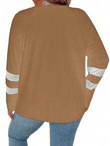 Plus Striped Print V Neck Tee Graphic Tees Women Tops - Brown - View 2