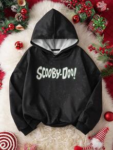 SCOOBY-DOO X SHEIN Sudadera con capucha suelta de hombros caídos con gráficos de dibujos animados y letras navideñas lindas para niñas preadolescentes