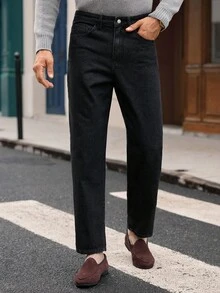 HIMLAND 男士休闲纯色中腰后袋刺绣牛仔裤 男士黑色正装裤 男士黑色休闲裤 男士宽松直筒休闲裤 黑色亚麻裤 - 黑色 - 查看 2