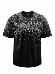 Manfinity EMRG Áo thun nam in họa tiết đường phố phong cách đường phố phổ biến INS Matched Rhinestone Glue Craft Starry Night Dark, thích hợp cho lễ hội âm nhạc ngoài trời, hộp đêm, quà tặng bạn trai/chồng, quà kỷ niệm - màu đen - Xem 4