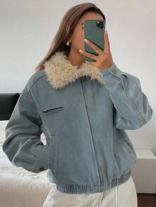 DAZY Áo khoác denim nữ dáng rộng, thoải mái, cổ lông xù, phối màu độc đáo, túi lớn, phong cách đường phố, lót giữ nhiệt, áo khoác nữ mùa thu/đông. - Rửa nhẹ - Xem 9