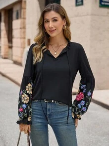 Lunelith SHEIN Lunessa Floral Print Lantern Sleeve Tie Neck Blouse,Long Sleeve Tops