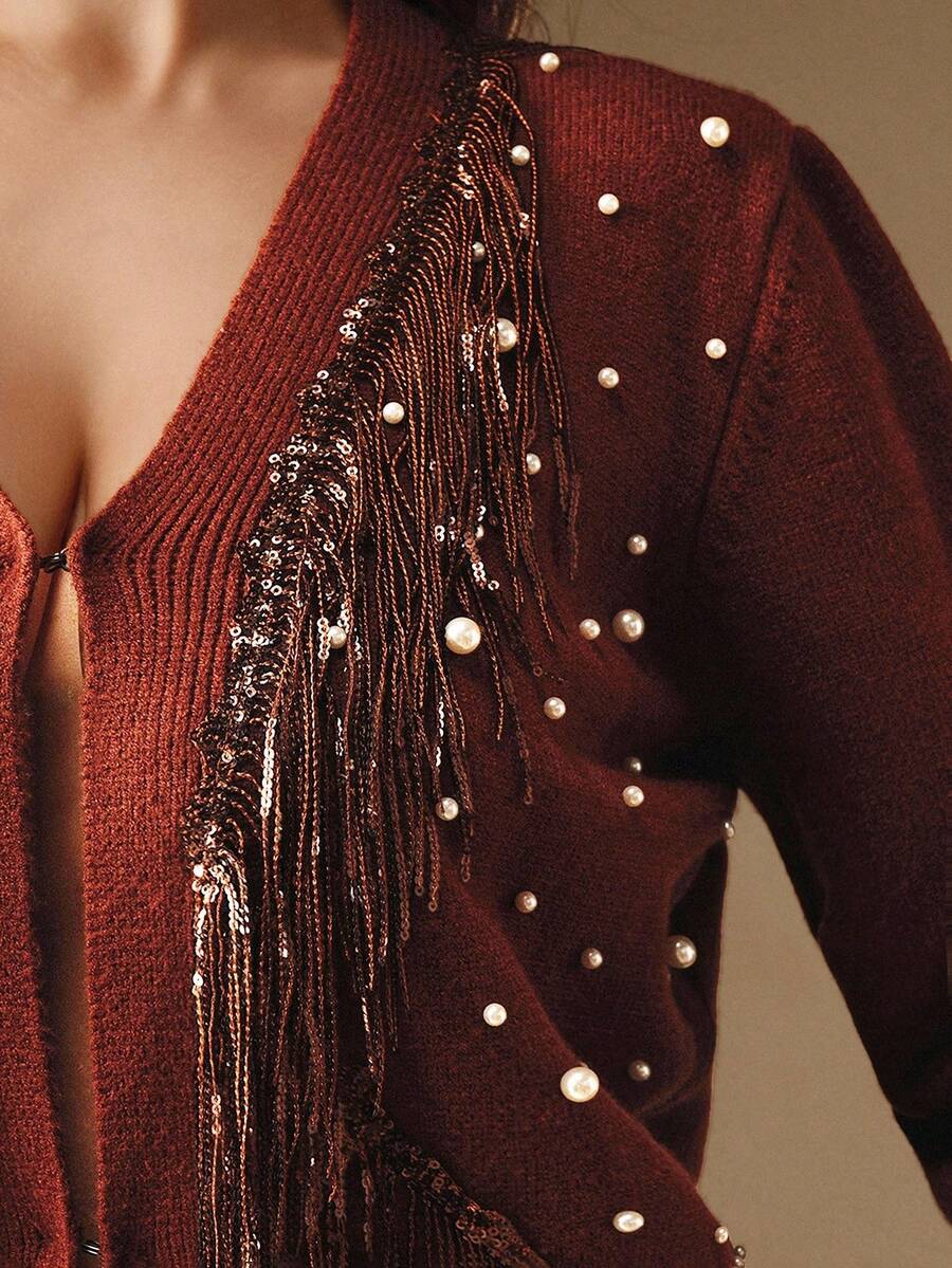 Anewsta Plus Size Tassel, Pearl Decor Long Sleeve Knitted Cardigan - Coffee Brown - View 1