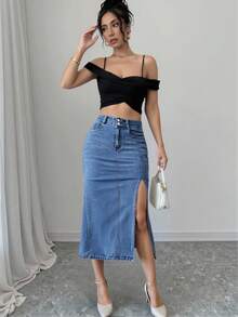 Elenzga Women's Casual Denim Skirt With Slits - Light Wash - View 5