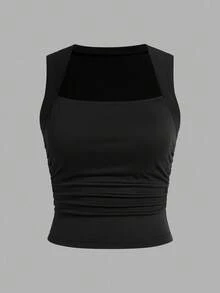 SHEIN EZwear Bộ 3 áo tank top nữ cổ vuông, eo nhún, phong cách tối giản, đa năng, gợi cảm, thích hợp cho mùa hè, có áo ngực tích hợp. - Nhiều màu - Xem 7