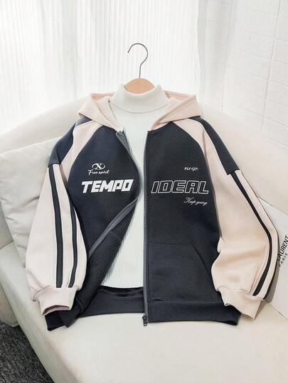 SHEIN 青少年女孩撞色插肩袖超大图案印花连帽衫，休闲街头风格百搭返校运动衫