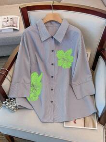 GlowEve CURVE Plus Size Casual Striped Floral Print Shirt - Mint Green - View 1
