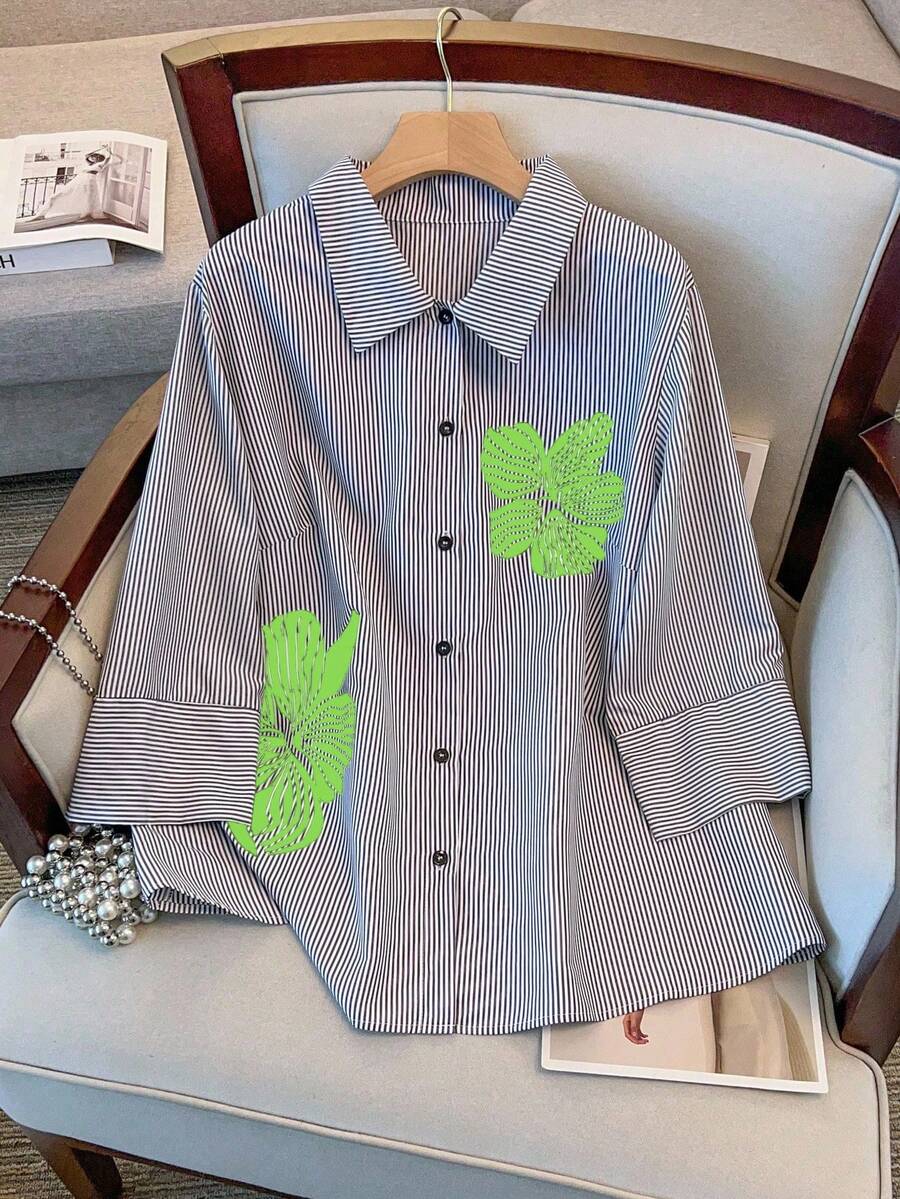 GlowEve CURVE Plus Size Casual Striped Floral Print Shirt - Mint Green - View 1