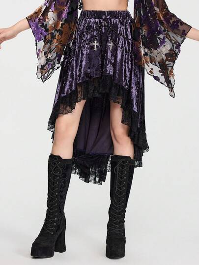 EDITION Jupe imprimée tout-sur-tout avec patchwork en dentelle, courte devant et longue derrière pour femmes