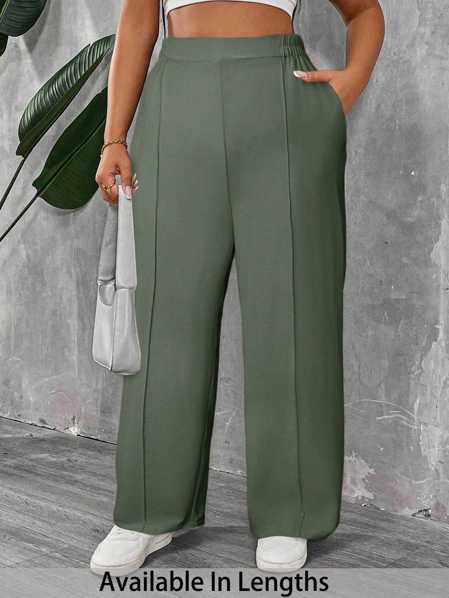 SHEIN PETITE CURVE Quần xếp ly màu trơn cỡ lớn dành cho nữ Petite - Màu xanh Ô liu - Xem 1