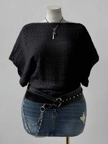 Sunspun Plus Size Women's Fashionable & Elegant Bohemian Style Hollow Out Short Sleeve Loose Knit Top, Suitable For Vacation, Spring/Summer/Autumn - Black - View 3