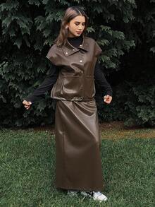 DAZY Women's Casual Street Style Solid Color Loose Lapel Sleeveless Drawstring Pocket PU Vest And Straight Skirt Two Pieces Set, Autumn/Winter