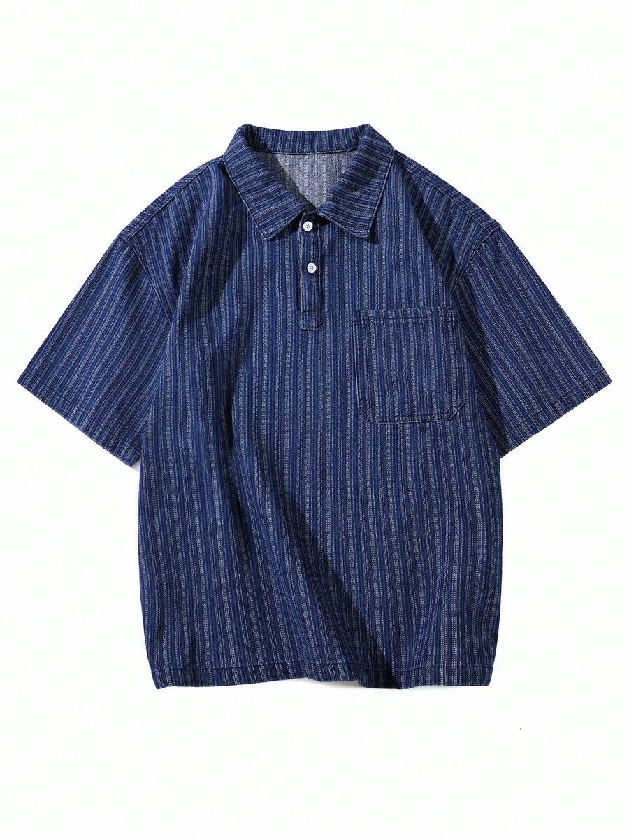 Chillumni Men's Dark Blue Washed Striped Casual Versatile Denim Short-Sleeved Top