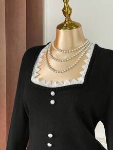 SHEIN Unity Never Out Of Style, Kooky Elegance Collection (Woe Is Me Vibes)(Wednesday Aesthetic) Plus Size Fashionable Elegant Tight Lace Collar Button Black Sweater Winter Fall Autumn - Black - View 9