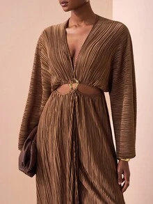 Zivah Rochie plisată cu mâneci lungi, decolteu în V adânc, cu talie scobită, vară și început de toamnă 2025, model nou