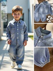 SHEIN 2pcs/Set Young Boy Fall/Winter Vintage Casual Basic Everyday Style Blue Denim Lapel Long Sleeve Shirt And Elastic Waist Loose Fit Cuffed Jogger Jeans Set,For Baby Fall/Winter Clothes,Boys Back-To-School Clothes,Baby Boys Baby Girls Streetwear Outfits,Toddler Boys Denim Two-Piece Set,Boys Christmas Outfits