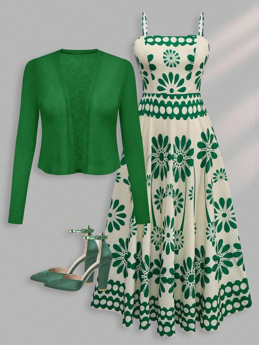 Franclia 大码女式波西米亚印花细肩带高低喇叭裙 + 针织开衫 2 件套 - 綠色 - 查看 1
