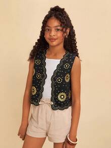 Travachic KIDS Tween Girl Floral Print Casual Vest, Black Autumn Winter Clothes ForGirln - Black - View 2