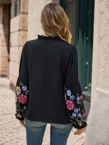 Lunelith SHEIN Lunessa Floral Print Lantern Sleeve Tie Neck Blouse,Long Sleeve Tops