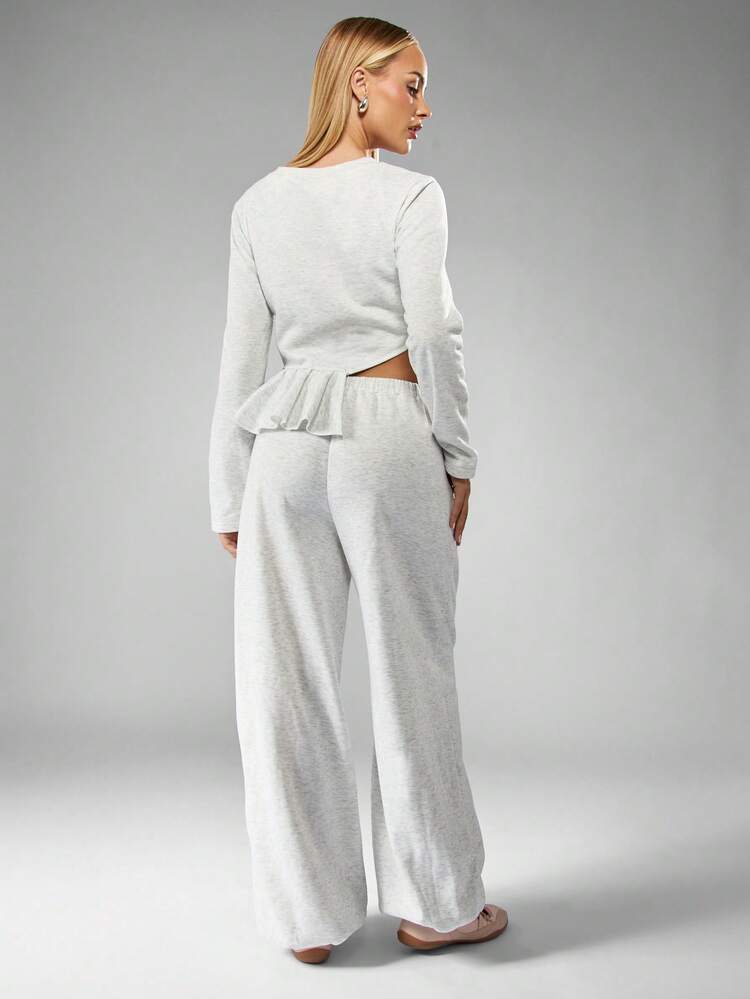 MISSGUIDED Ruffle Detail Two Piece Loungewear Set With Asymmetric Crop Top And Wide Leg Pants Cozy Winter Casual Co-Ord Set