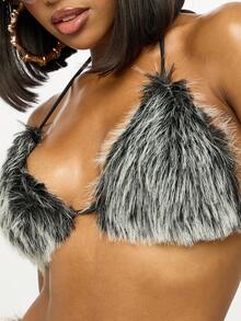 SUMWON WOMEN 女士毛皮三角形比基尼上衣节日狂欢装人造毛皮露背冬季派对毛绒短款上衣毛绒绒 Bralette 柔软蓬松俱乐部装 - 黑色 - 查看 4