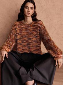 SHEIN Unity Fashionable Colorful Striped Crew Neck Fuzzy Long Sleeve Sweater - Multicolor - View 1