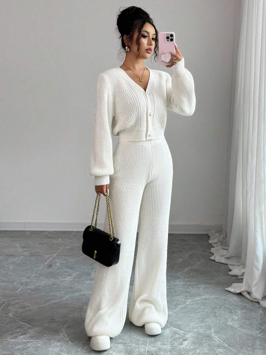 Elenzga 女士优雅钻石纹理珍珠纽扣前衬衫和宽松长裤针织两件套 - 杏色 - 查看 1