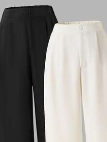 Sparklyn مجموعة من 2 بنطلون لون سادة للفتيات المراهقات، متعدد الاستخدامات وعصري، مناسب للمدرسة والربيع/الخريف - متعدد الألوان - مشاهدة 5