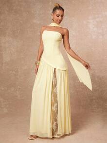 Lumalex Robe moulante avec encolure ras-du-cou et dos nu avec un corsage en maille fluide pour femmes